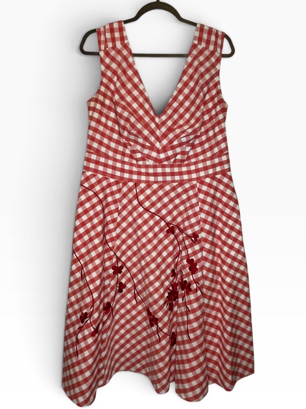 eShakti Red & White Gingham Embroidered Floral Flare Midi Dress Size 1X / 16W